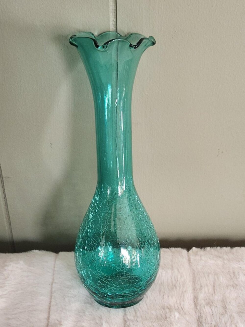VINTAGE Mid-Century Modern Hand-Blown Teal Crackle Glass Ruffled Bud Vase